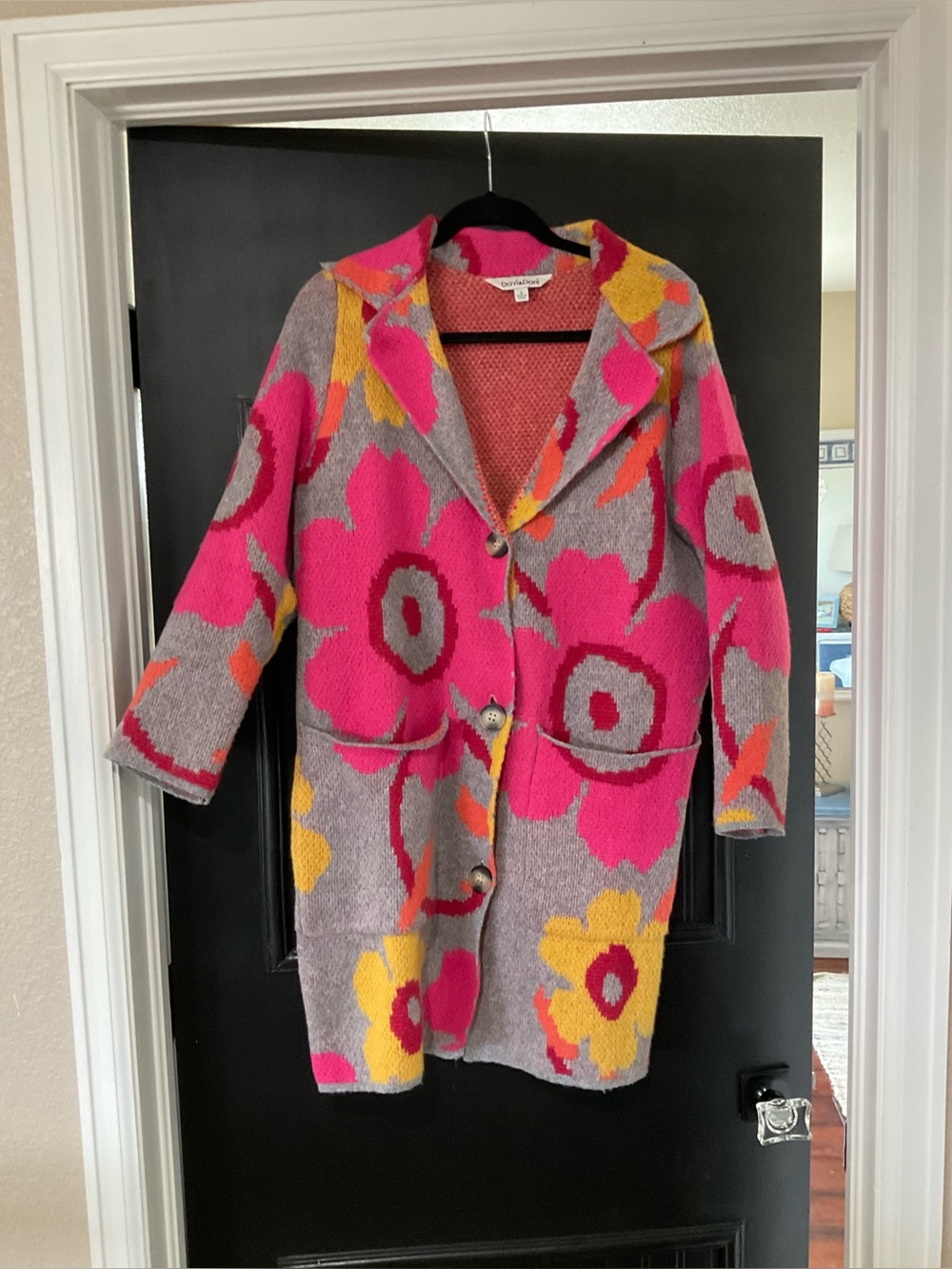 DAVI & DANI Pink, Yellow & Gray Floral Knit Coatigan